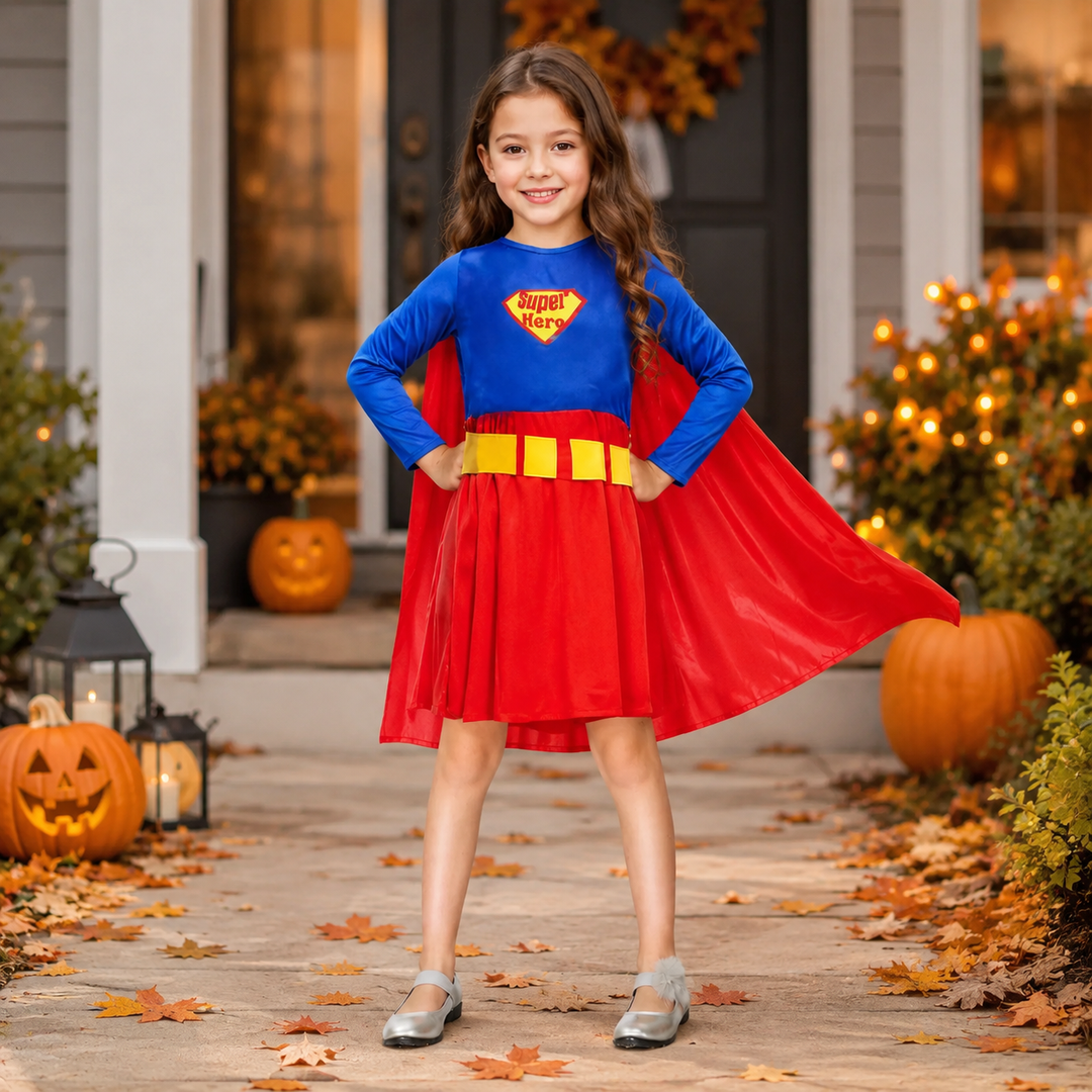 Girls Superhero Costume Dress with Cape Halloween Costume