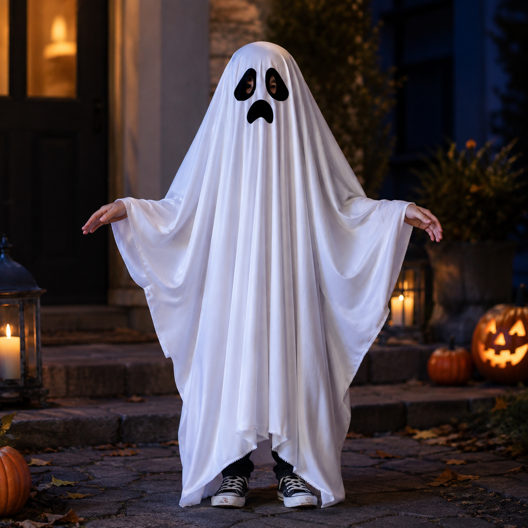 Kids Ghost Halloween Sheet Costume with Face Design