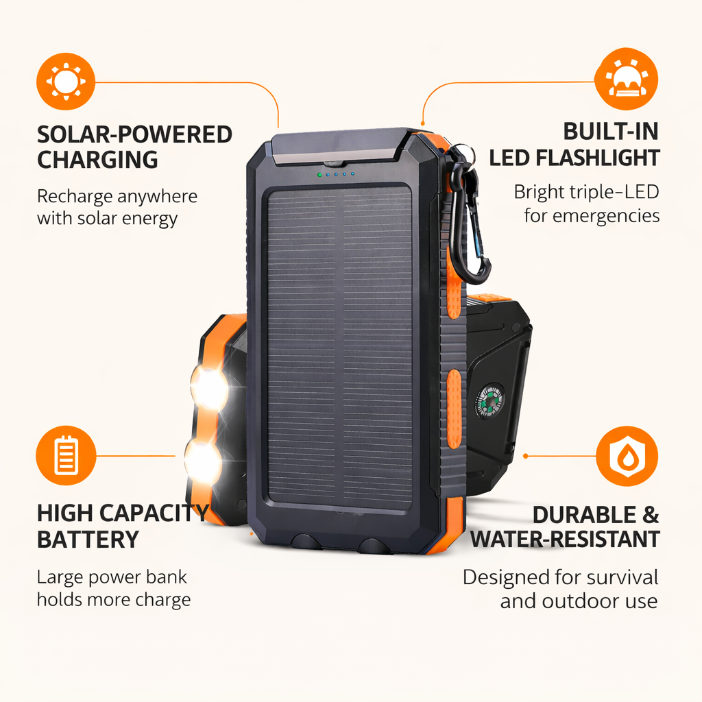 Portable Solar Power Bank 20000mAh External Battery Charger Fast Charging