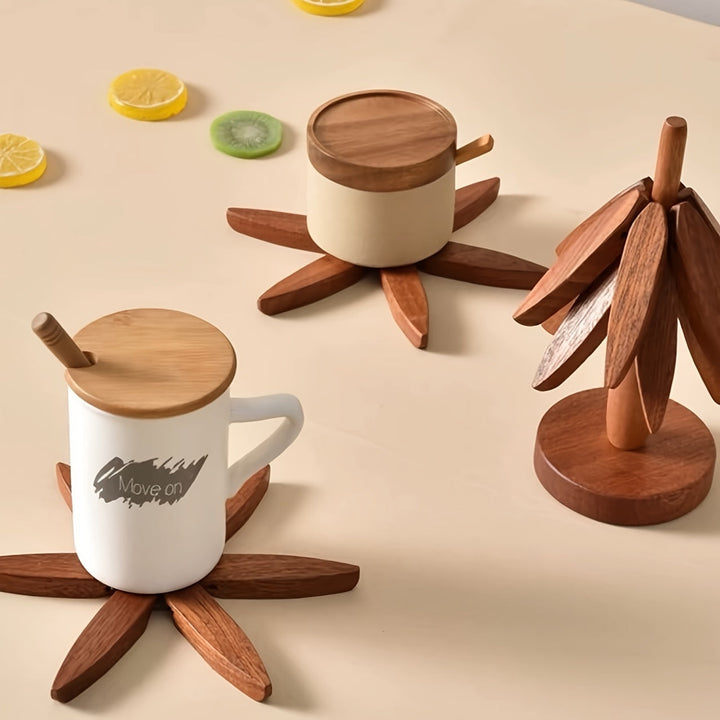 Wood Round Trivets Set with Decorative Tree-Shaped Stand