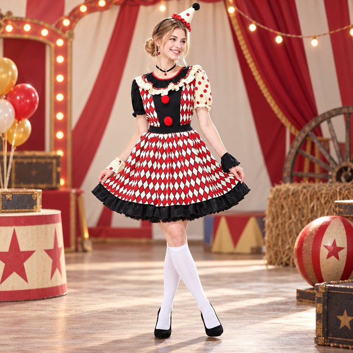 Couples Clown Costume Set Men Women Retro Circus Outfit with Hat