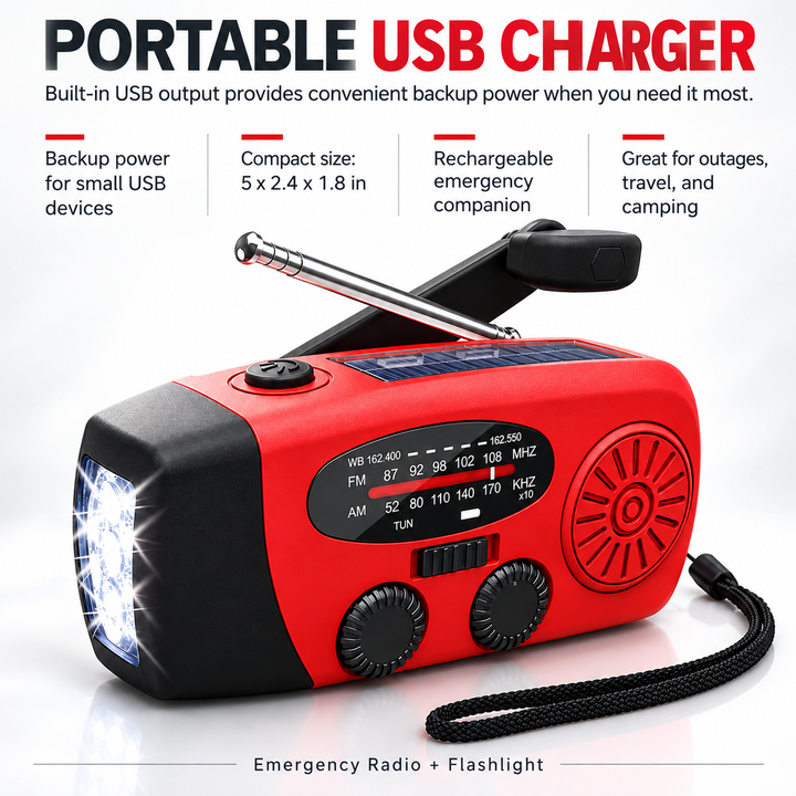 Hand Crank Emergency Radio Solar USB 2000mAh Power Bank LED Flashlight