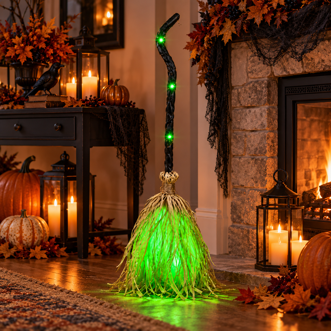Animated Light Up Halloween Witch Broom Prop Decoration