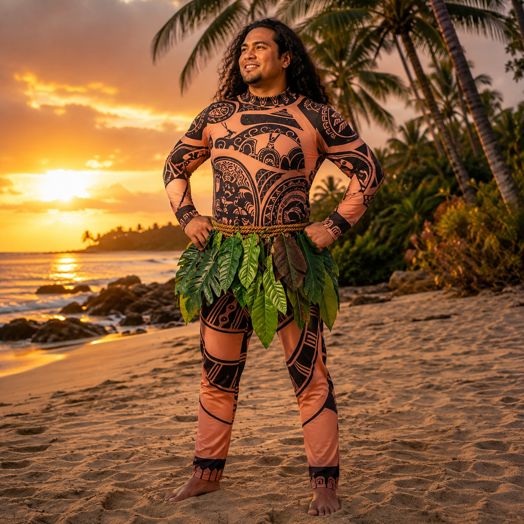 Maui Costume with Tattoo Print and Leaf Skirt Halloween Costume