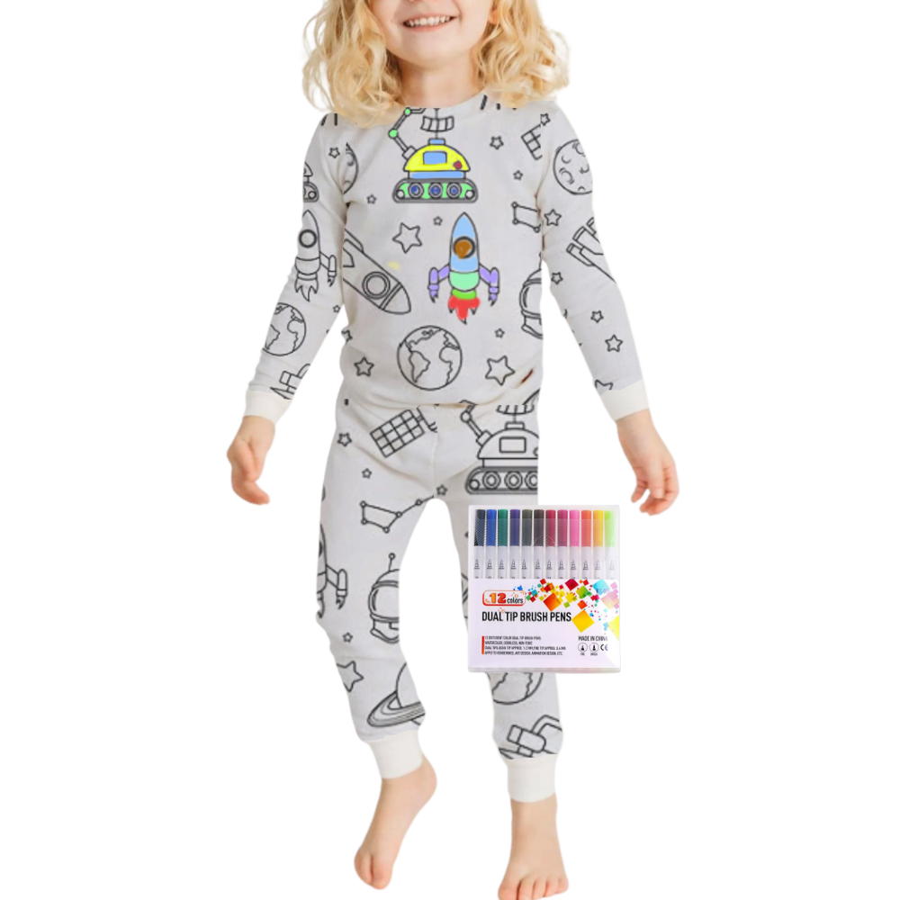 Kids Cotton Pajama Set with Color-In Design