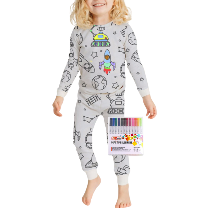 Kids Cotton Pajama Set with Color-In Design
