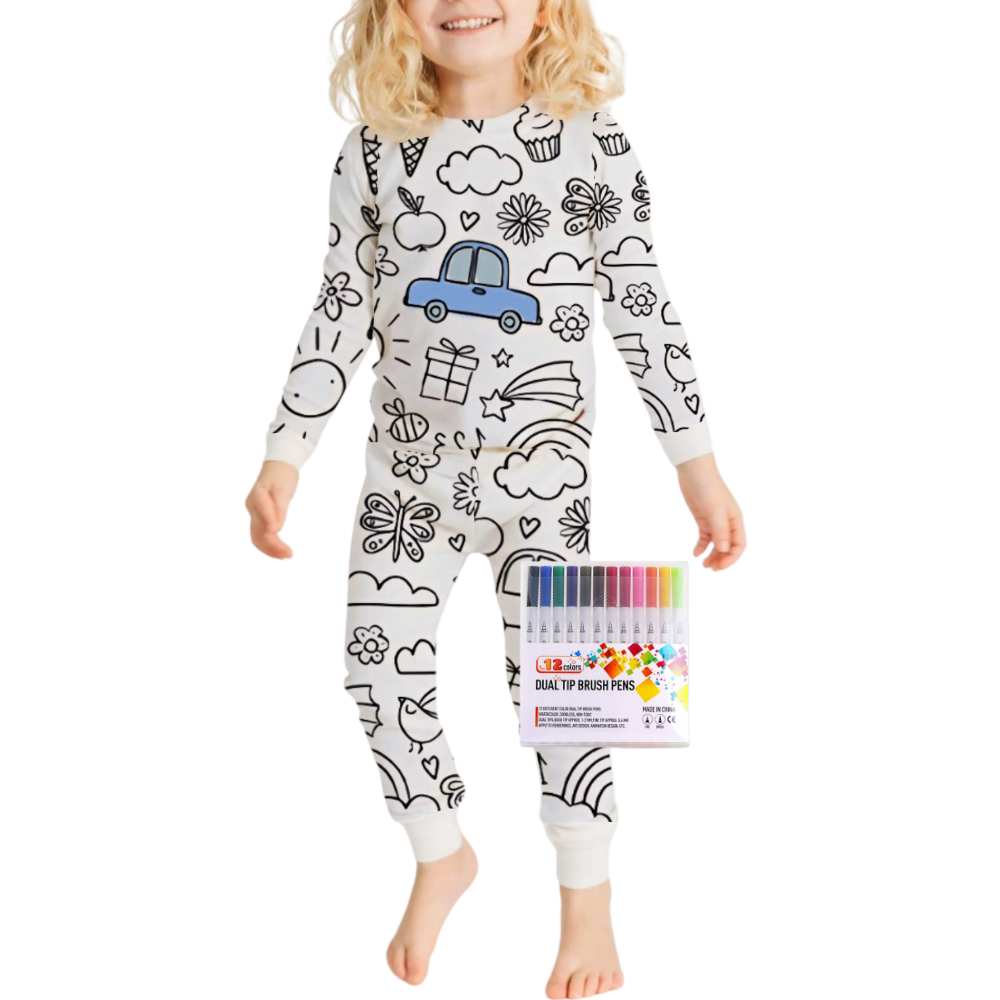 Kids Cotton Pajama Set with Color-In Design