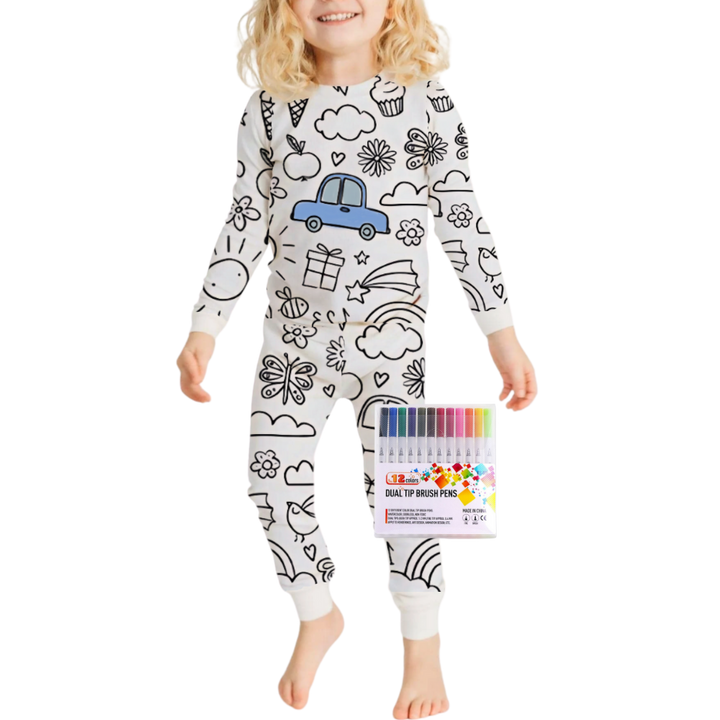 Kids Cotton Pajama Set with Color-In Design