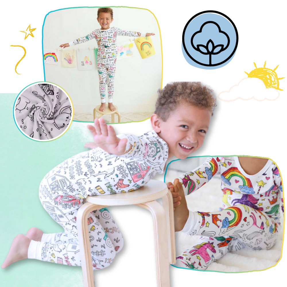 Kids Cotton Pajama Set with Color-In Design