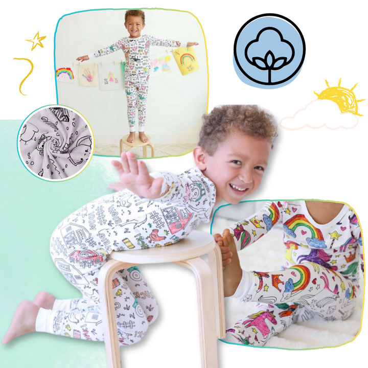 Kids Cotton Pajama Set with Color-In Design