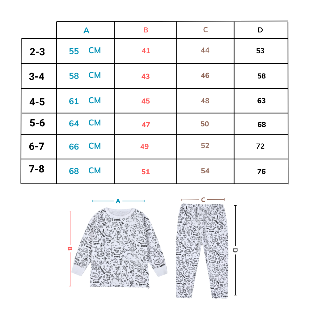 Kids Cotton Pajama Set with Color-In Design