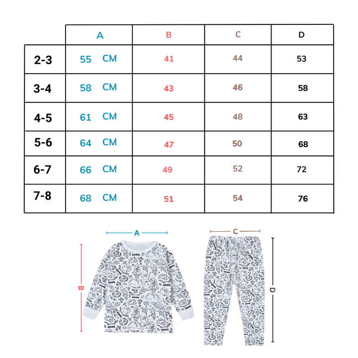 Kids Cotton Pajama Set with Color-In Design