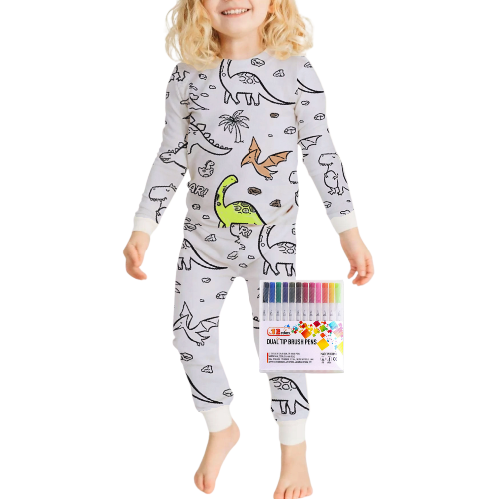 Kids Cotton Pajama Set with Color-In Design