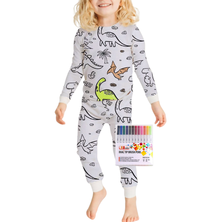 Kids Cotton Pajama Set with Color-In Design