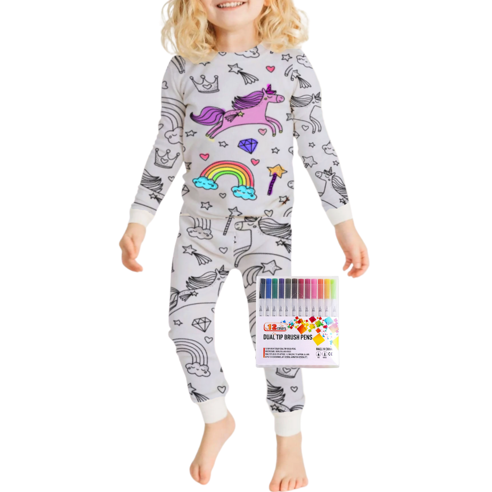 Kids Cotton Pajama Set with Color-In Design