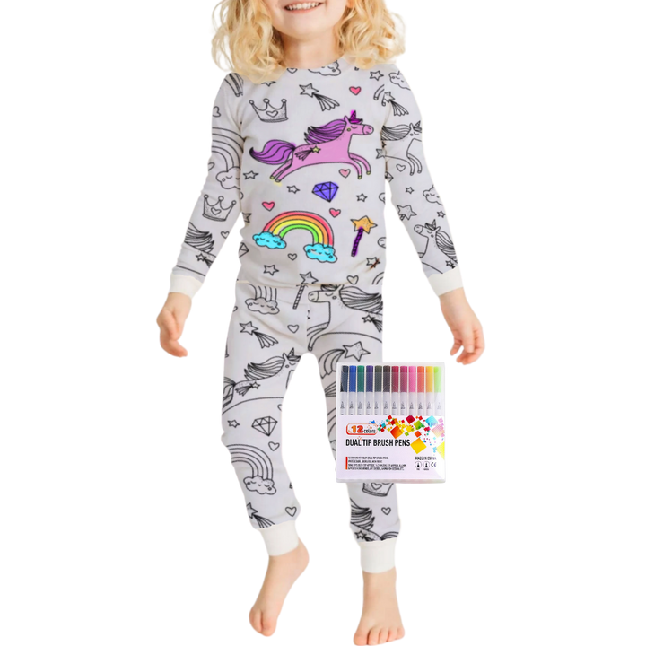Kids Cotton Pajama Set with Color-In Design
