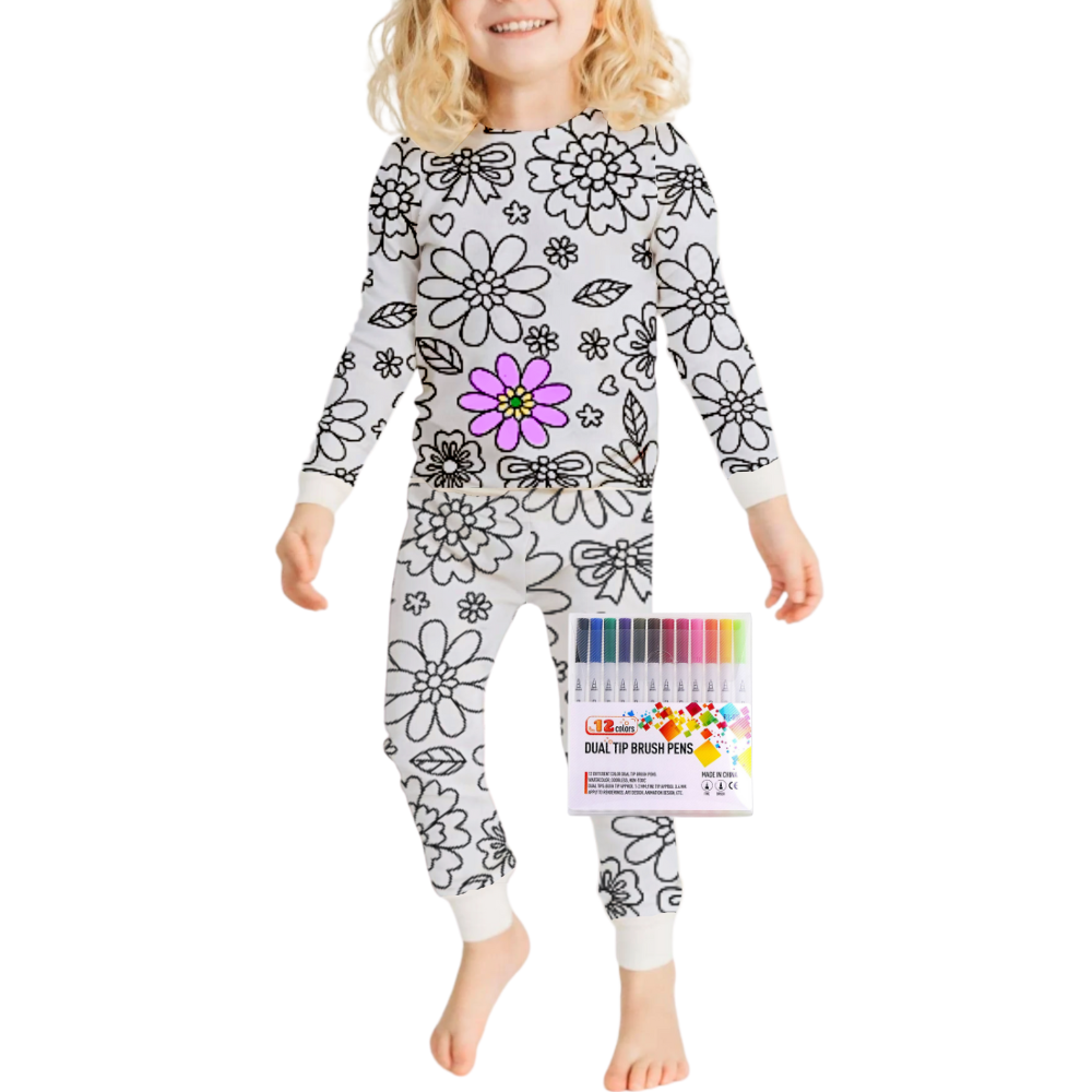 Kids Cotton Pajama Set with Color-In Design