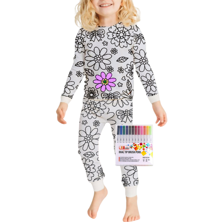 Kids Cotton Pajama Set with Color-In Design