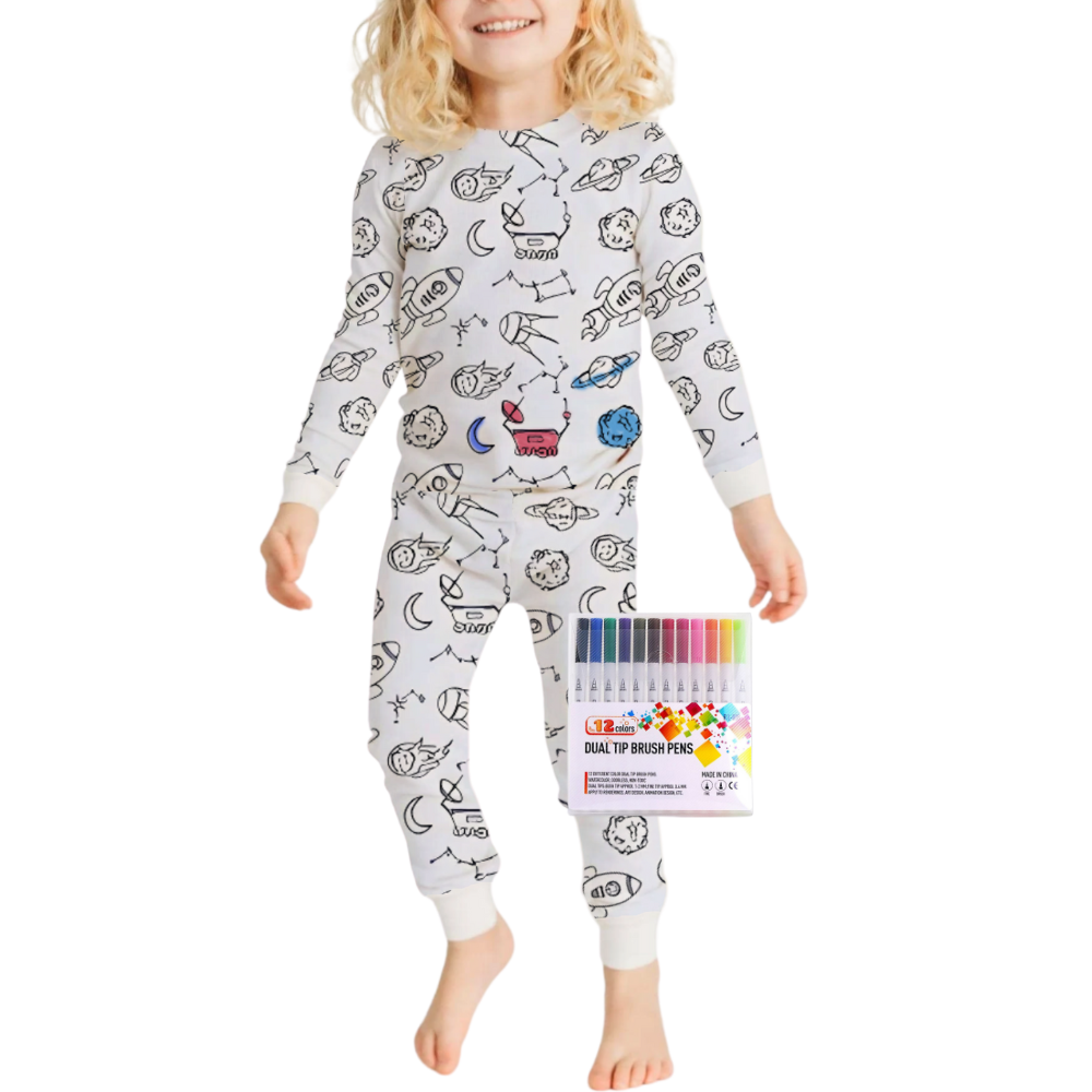Kids Cotton Pajama Set with Color-In Design