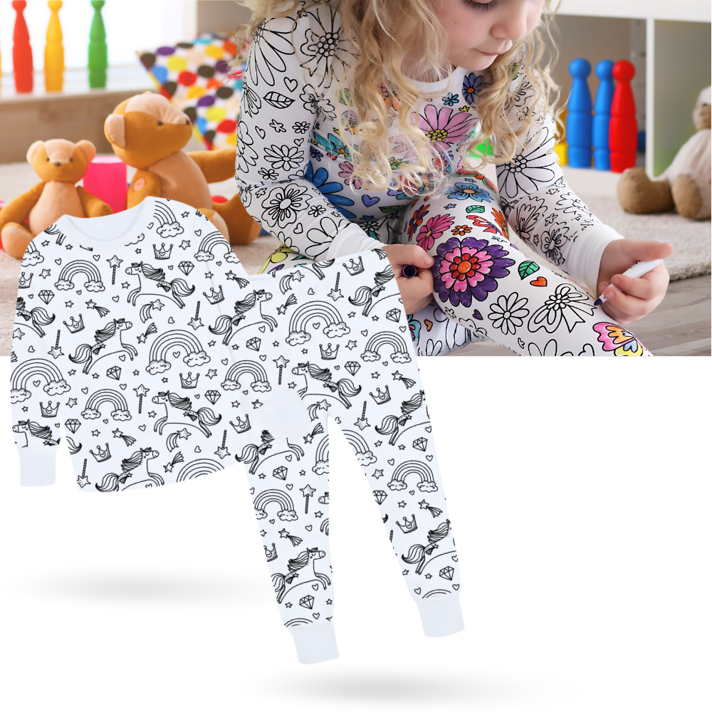 Kids Cotton Pajama Set with Color-In Design