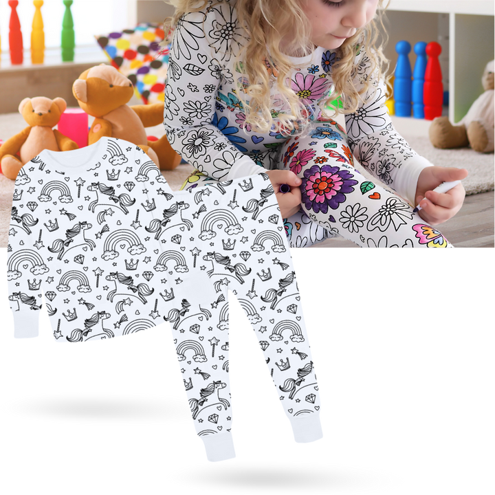 Kids Cotton Pajama Set with Color-In Design