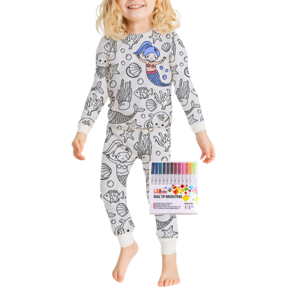 Kids Cotton Pajama Set with Color-In Design