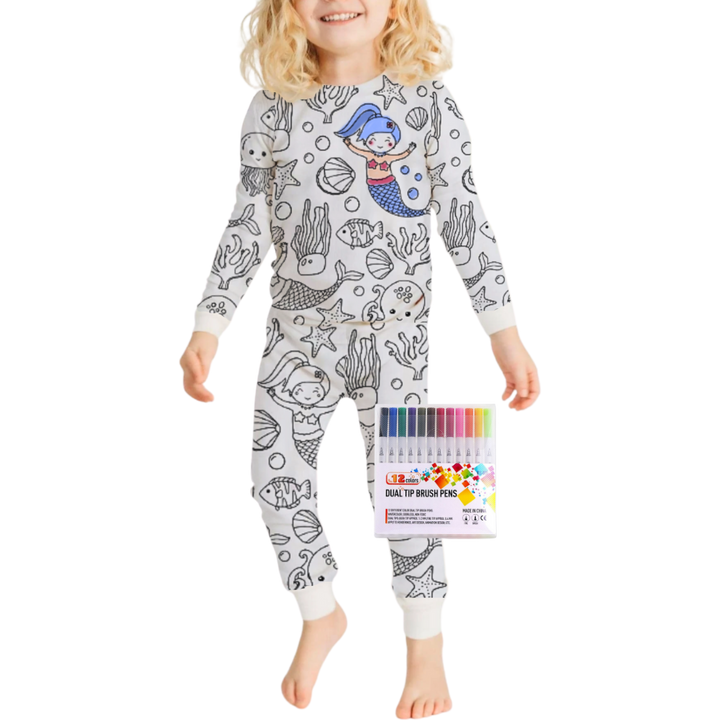 Kids Cotton Pajama Set with Color-In Design