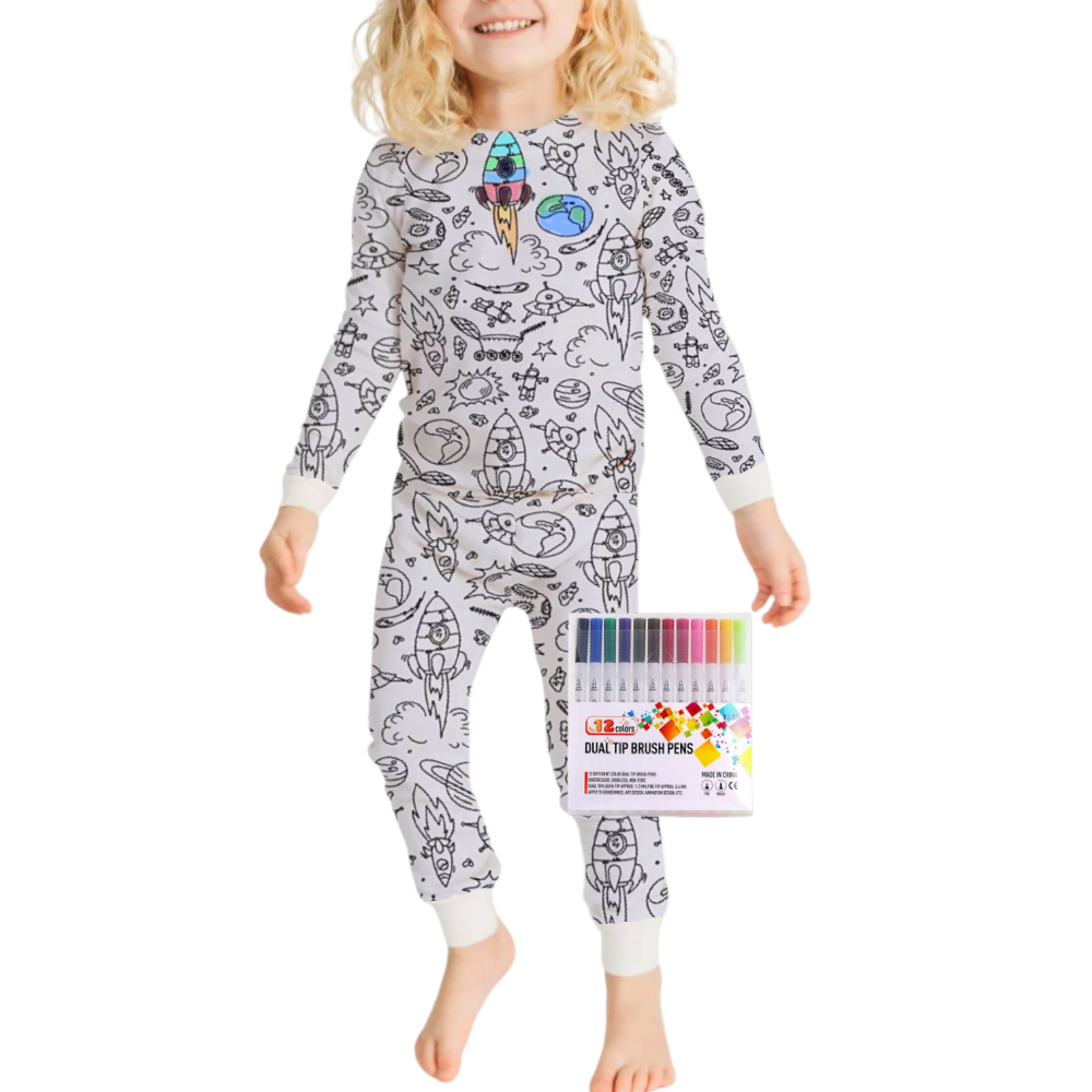 Kids Cotton Pajama Set with Color-In Design