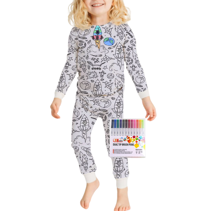 Kids Cotton Pajama Set with Color-In Design