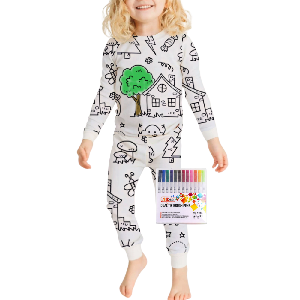 Kids Cotton Pajama Set with Color-In Design