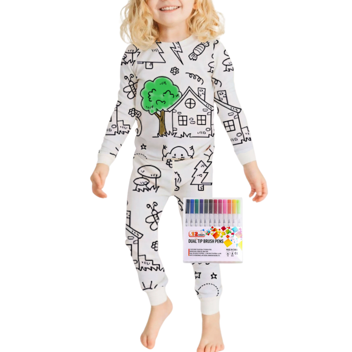 Kids Cotton Pajama Set with Color-In Design