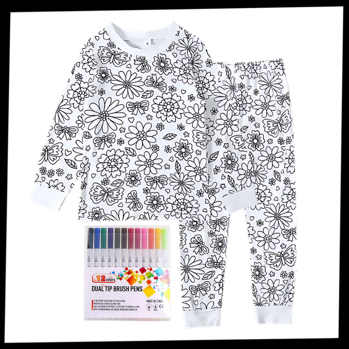 Kids Cotton Pajama Set with Color-In Design