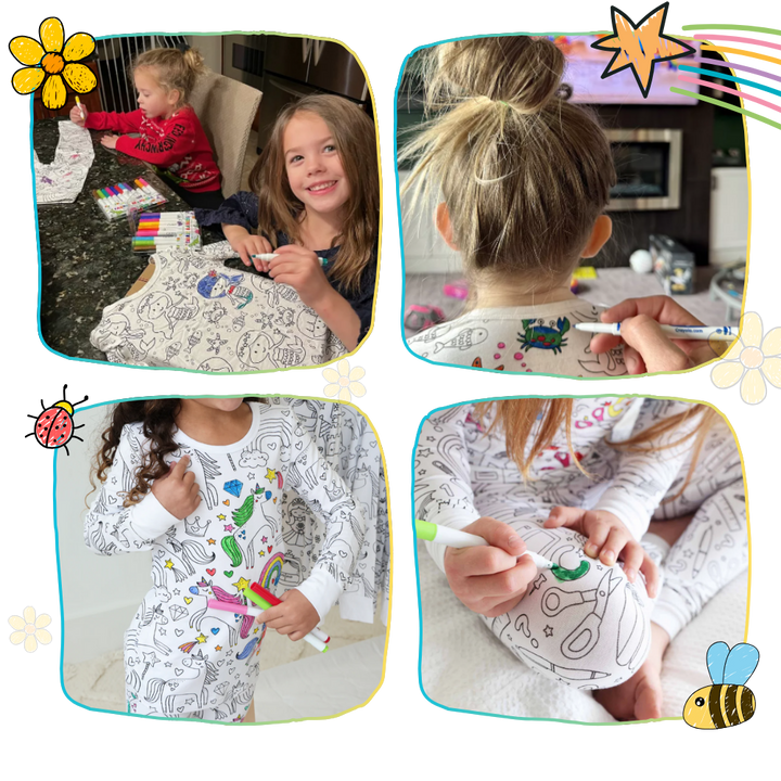 Kids Cotton Pajama Set with Color-In Design