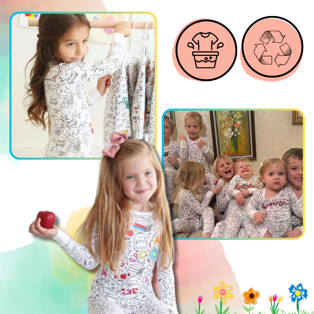 Kids Cotton Pajama Set with Color-In Design