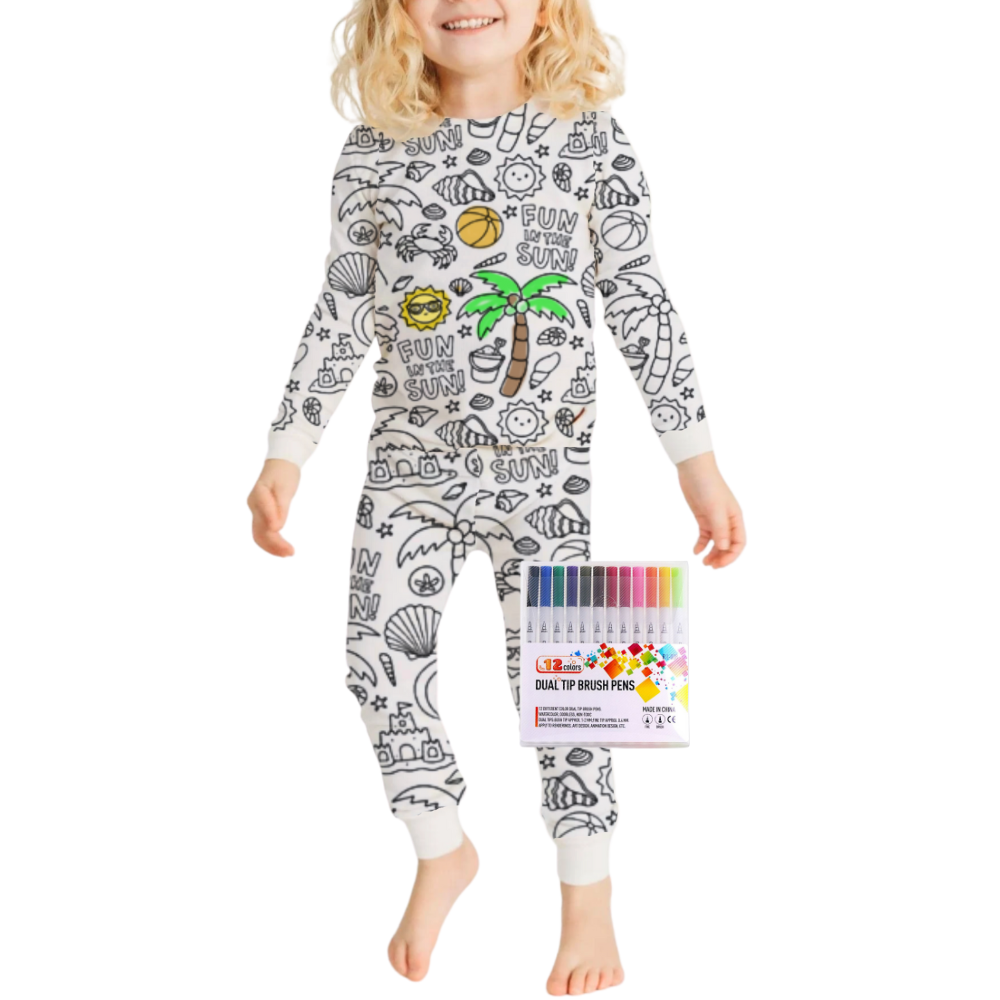 Kids Cotton Pajama Set with Color-In Design