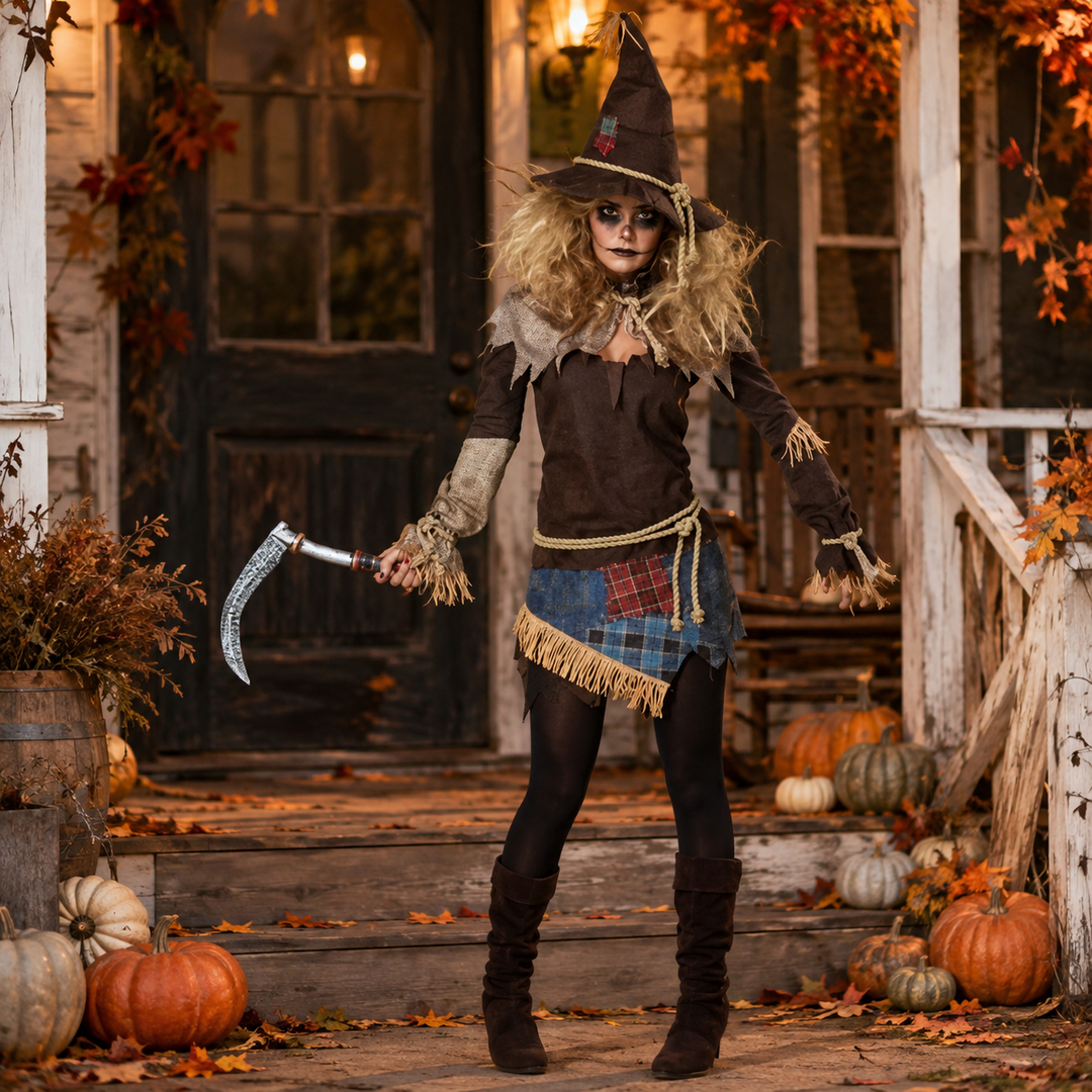 Women’s Scarecrow Costume with Hat Halloween Costume Set