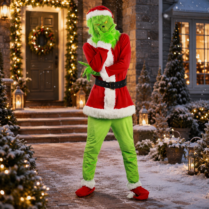 Grinch Mask and Santa Suit Costume Set for Kids and Adults