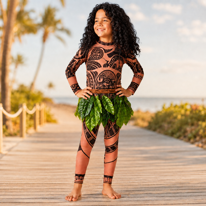 Maui Costume with Tattoo Print and Leaf Skirt Halloween Costume