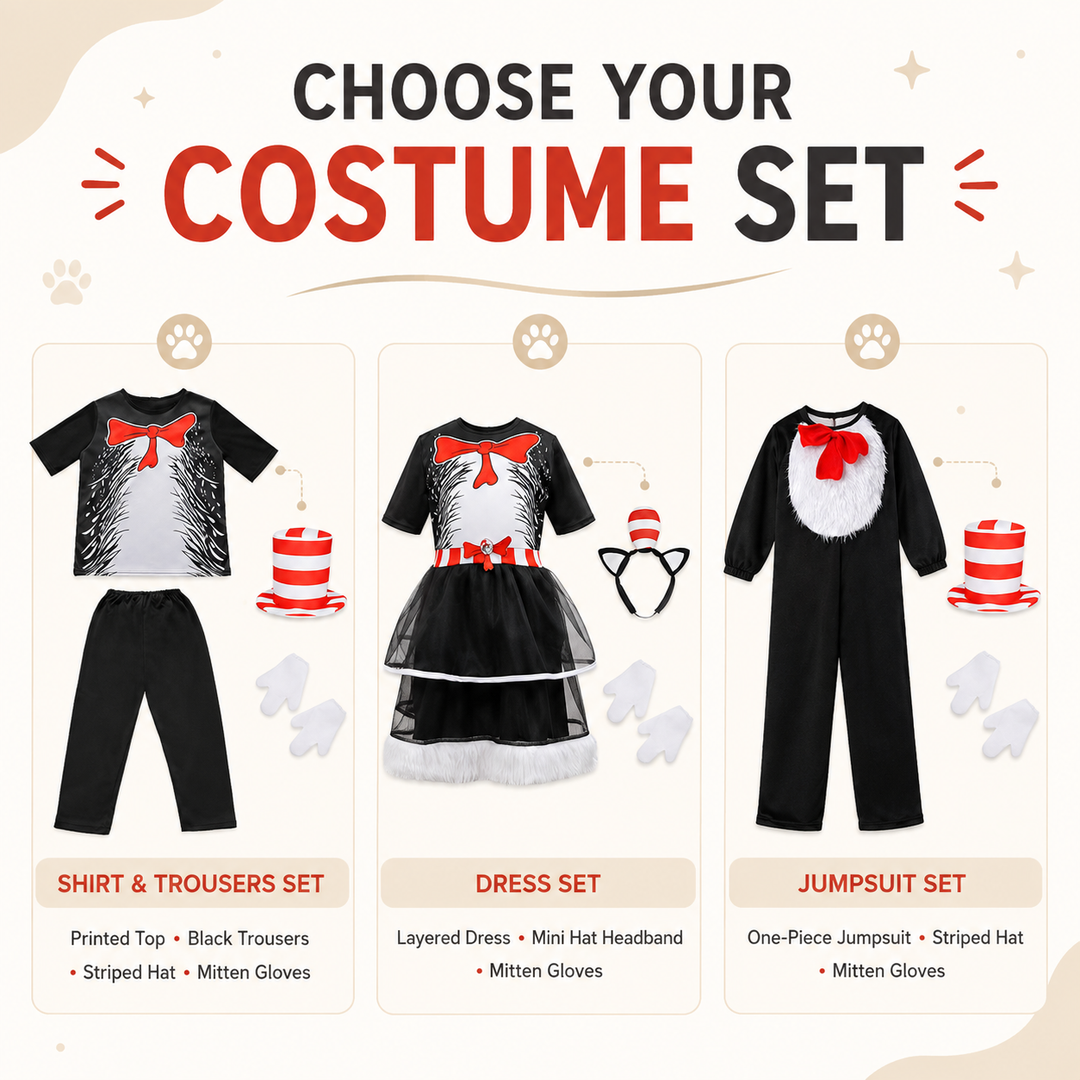 Kids Cat in the Hat Costume Jumpsuit Dress and Hat Set