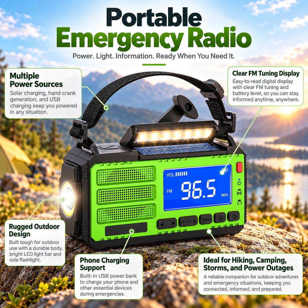 Solar Emergency Radio Digital FM Display LED Light Bar Crank Powerbank