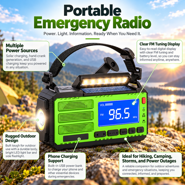 Solar Emergency Radio Digital FM Display LED Light Bar Crank Powerbank