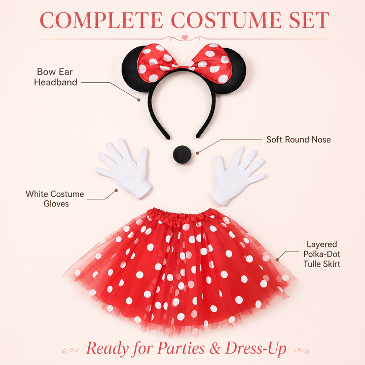 Mouse Ears Headband Skirt and Gloves Costume Set
