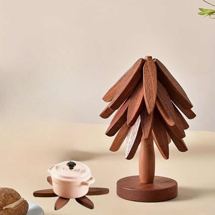 Wood Round Trivets Set with Decorative Tree-Shaped Stand