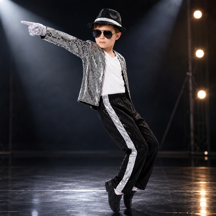 Kids Pop Star Costume Silver Sequin Jacket and Pants Set