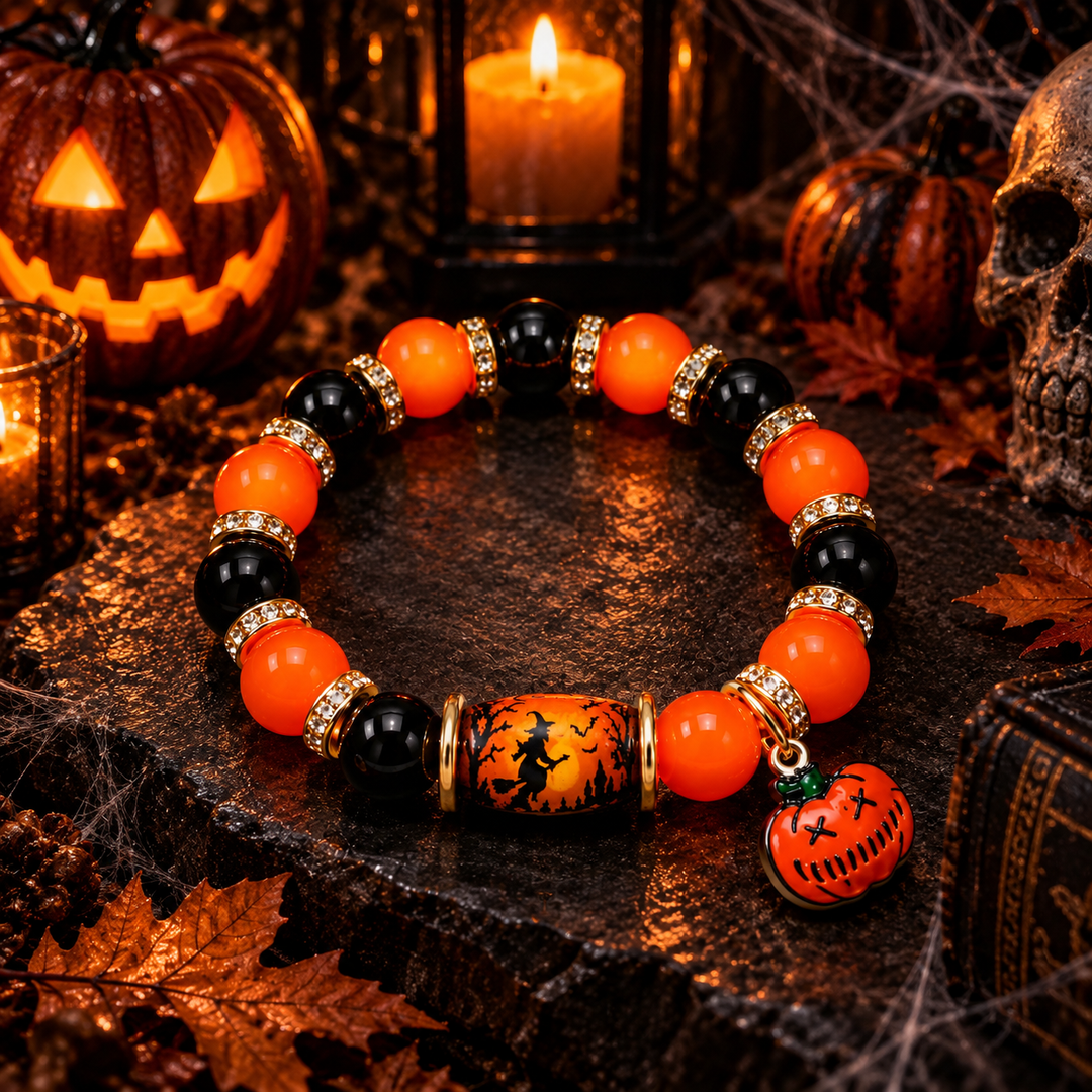 Halloween Crystal Bead Pendant Bracelet with Bat Pumpkin Ghost Castle Charms