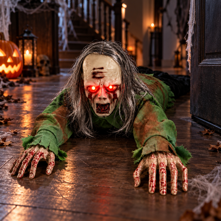 Crawling Zombie Prop with Light Up Eyes Sound Activated Halloween Decoration