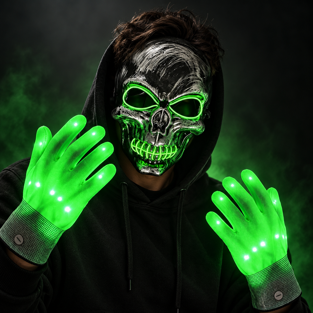 LED Skull Mask and Light Up Gloves Set Halloween Costume Accessory