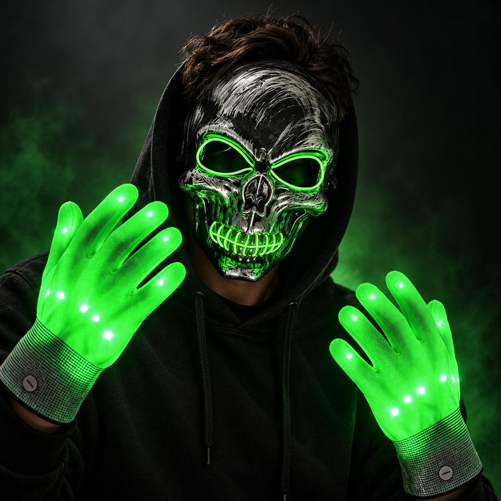 LED Skull Mask and Light Up Gloves Set Halloween Costume Accessory