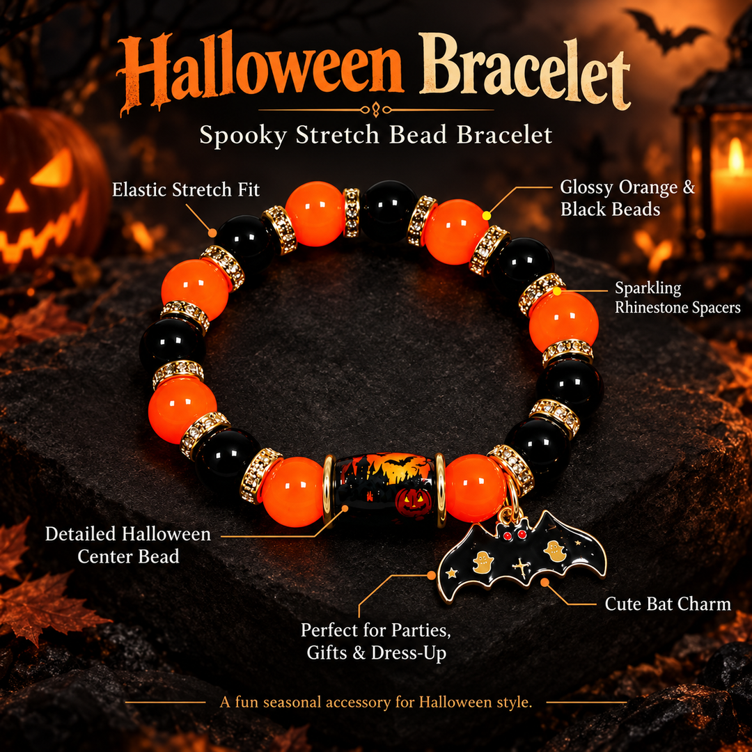 Halloween Crystal Bead Pendant Bracelet with Bat Pumpkin Ghost Castle Charms