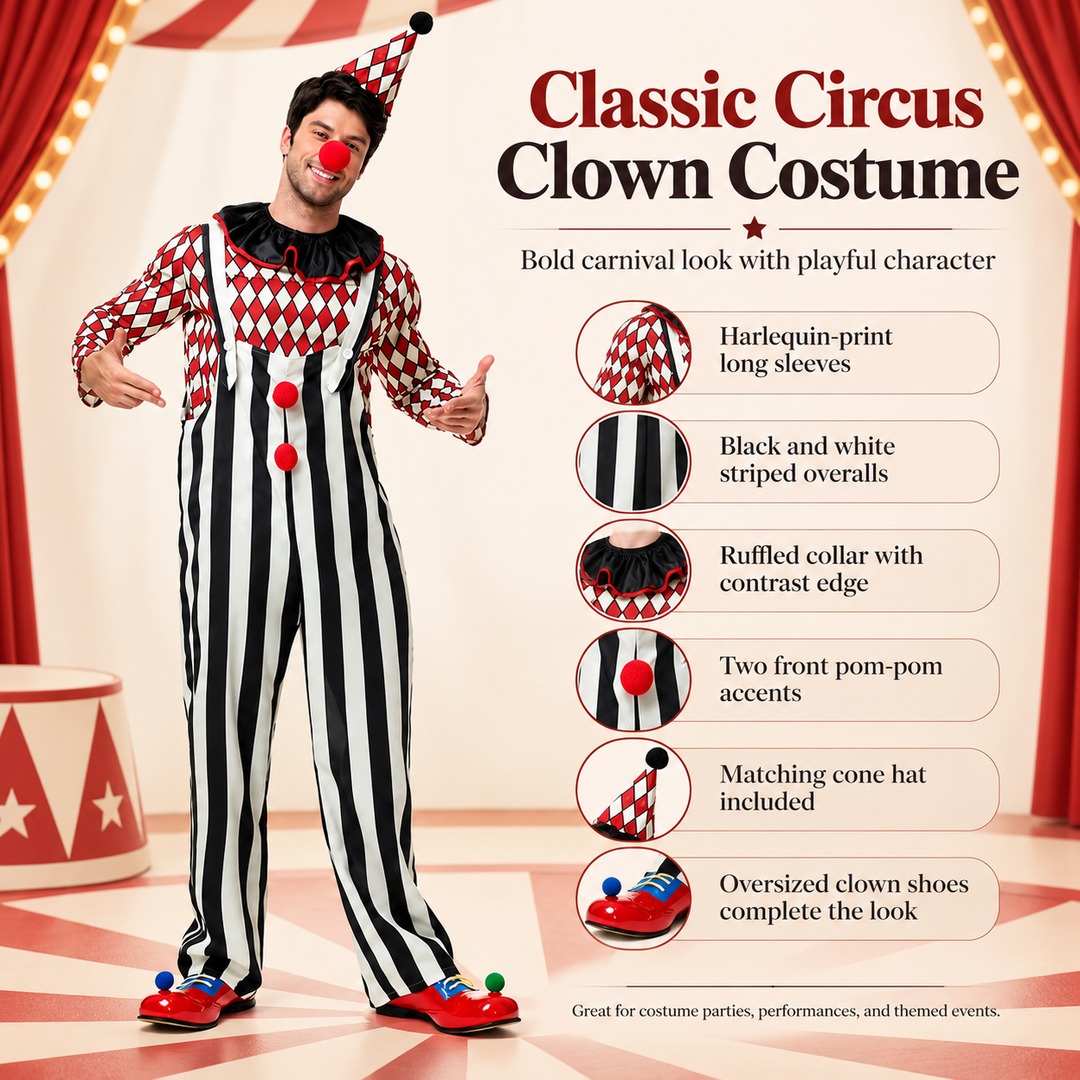 Couples Clown Costume Set Men Women Retro Circus Outfit with Hat